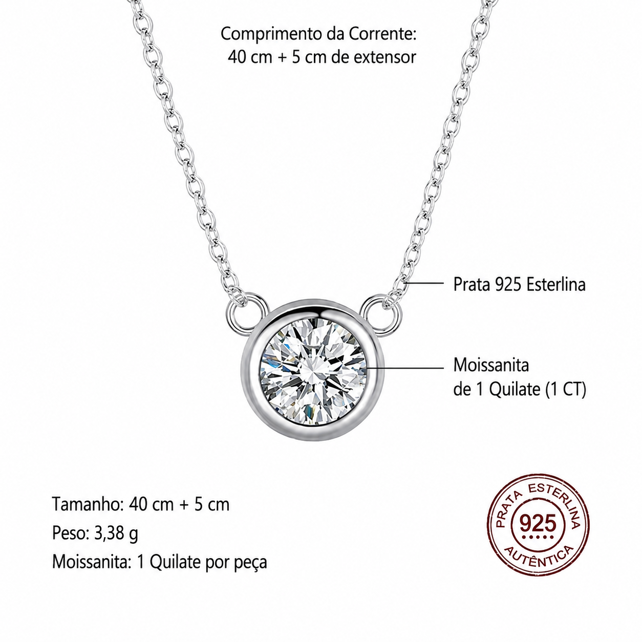 Colar Ponto de Luz em Prata 925 e Moissanite
