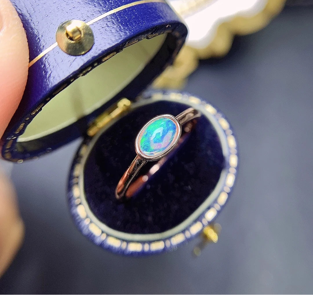 Anel Opala Natural e Prata 925 Banho de Ouro 14k