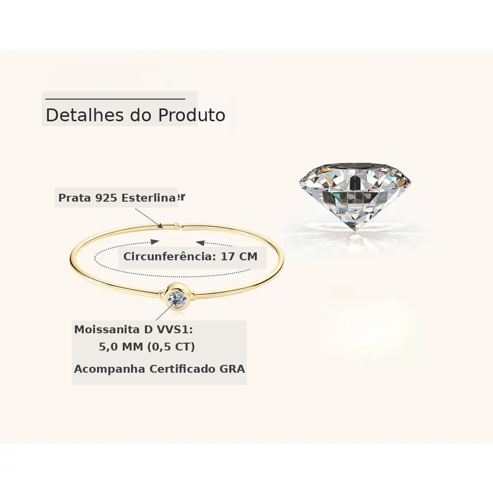 Pulseira Moissanite Cravação Inglesa Banho de Ouro 18k